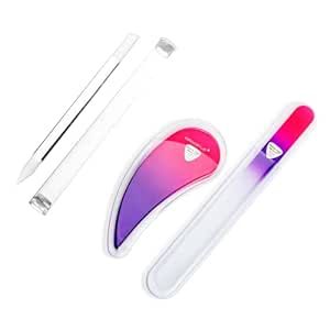 Glass Nail File Manicure Set, Comfort Grip Ergonomic Drop Ergofile (Pink/Violet) Czech Glass with Glass Cuticle Pusher (Clear), Elegant Gift Nail Care Tools by Bonafide Beauty Genuine Czech Glass