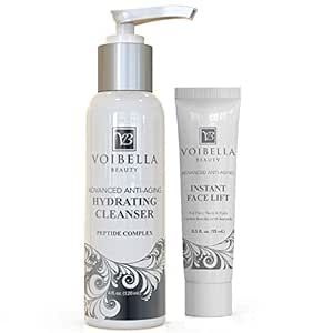 VOIBELLA BEAUTY Instant Face Lift + Organic Face Wash - Lifting & Firming Cream to Smooth the Appearance of Wrinkles, All Natural Gel Face Cleanser to Refine Pores and Renew Skin