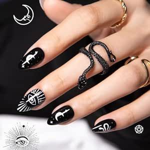 Press On Nails Short Almond, SHOWMORE Black Goth Acrylic Fake Nails Medium Snake Stars Moon Witchy Glue On Nails False Nails with Design Stick On Nails in 15 Sizes 30 Nail Kit with Glue
