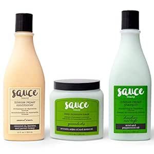 Sauce Beauty Hair Trio Gift Bundle - Chimichurri Mint Tingle Repair Shampoo + Coconut Cream Repair Conditioner + Guacamole Deep Moisture Hair Mask