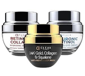 Clear Beauty - Day and Night Moisturizer, Eye Cream - Value Set - Hyaluronic Acid & Retinol Eye Cream, 24K Gold, Collagen & Squalene Night Cream, Retinol and Collagen Daily Moisturizer