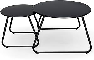 Meluvici Patio Outdoor Coffee Table Set of 2, Weather Resistant Steel Round End Tables, Outdoor Nesting Table for Patio, Balcony, Bistro and Indoor, Black