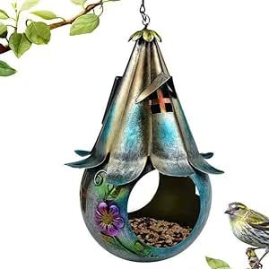 Solar Wild Bird Feeder, Wrought Iron Garden Hanging Ornament Birdhouse, Bird Feeder for Outdoors Hanging Solar Garden Lantern Bird House with S Hook as Gift Ideas for Bird Lovers (A)