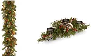National Tree Company Pre-Lit Artificial Christmas Garland, Green, Wintry Pine, White Lights, 9 Feet & Artificial Christmas Centerpiece | Includes 3 Candle Holders, Red Berries, 30 Inch