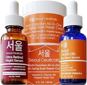 SeoulCeuticals Retinol Serum + Vitamin C Serum + Snail Cream - Korean Anti Aging Skincare Set