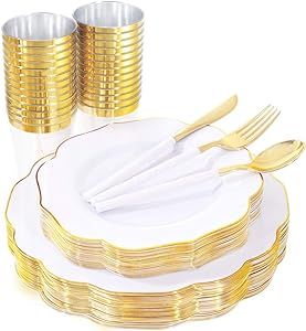 BUCLA 180PCS Gold Plastic Plates - White And Gold Plastic Plates With Bamboo Design Silverware- Gold Plastic Dinnerware Includes 60Plates, 30Cups, 30Forks, 30Knives, 30Spoons for Thanksgiving