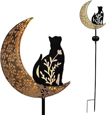 ZEKAHAN Solar Cat Garden Stakes, Moon Cat-Shaped Outdoor Decorative Lights, Waterproof Crackle Glass Metal Lights for Pathway, Lawn, Patio, or Courtyard,Ideal Holiday Gift