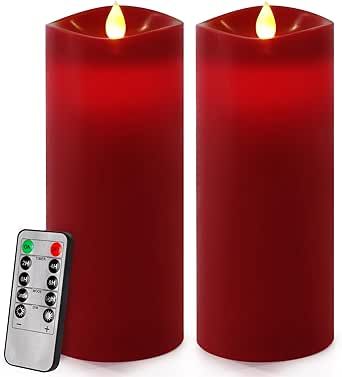 Enpornk 7” x 3” Flameless Candles, Flickering Moving Flame LED Candles, Battery Operated Candles with Remote and Timers, Burgundy, Set of 2