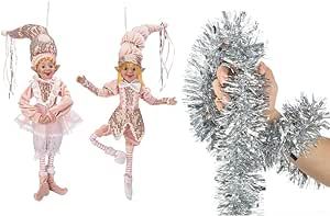 Slideep 2 Pack Christmas Posable Elf 25" Boy and Girl Hanging Ornaments, 32ft Christmas Silver Tinsel Garland Snowy Sparkly Soft Tinsel for Christmas Tree Decorations