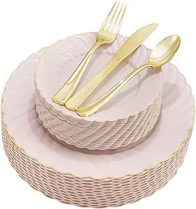 YOUBET 125Pieces Pink Plastic Plates with Gold Rim-Gold Plastic Silverware-Include 25 Dinner Plates 25 Dessert Plates 25 Forks 25 Knives 25 Spoons-Perfect for Wedding/Parties