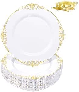 Liacere 50PCS Gold Plastic Plates - Disposable Gold Dessert Plates - 7.5 Inch Gold and White Plates - Heavy Duty White and Gold Plastic Plates for Weddings & Parties