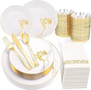 Nervure 175PCS White and Gold Plastic Plates - Floral Gold Disposable Plates Include 50Plates, 25Forks, 25Knives, 25Spoons, 25Cups, 25Napkins - Perfect for Wedding & Party