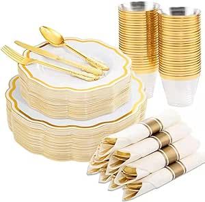 YOUBET 350 PCS White and Gold Plastic Plates - Disposable Plates for 50 Guests Tableware Includes 150 Gold Plastic Silverware, 50 Cups, 50 Napkins, for Wedding Party & Christmas