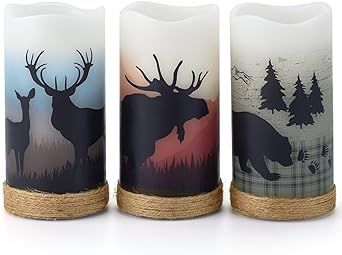 CANDLE IDEA 3PCS Battery Operated Real Wax Pillar Candles with Charming Deer,Moose, Bear Decals,Flameless Flickering LED Candles with Hemp Rope and 6H Timer,Rustic Home Decor for Christmas (D3 x H6)