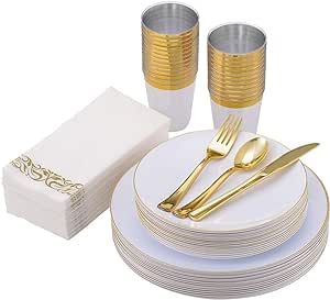 Vplus 175 Count Gold and White Plastic Plates Sets, Disposable Dinnerware Sets for Wedding Party, Include 25 Dinner Plates,25 Dessert Plates,25 Forks,25 Knives,25 Spoons,25 Cups,25 Napkins