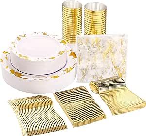 Nervure 175PCS Gold Plastic Plates with Marble Printing & Gold Plastic Silverware:50 Plates, 25 Forks, 25 Knives, 25 Spoons, 25 Cups, 25 Napkins for Thanksgiving & Wedding