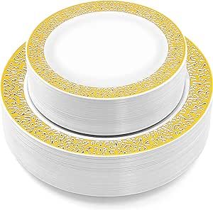 BAYZZ 100 Pieces Gold Plastic Plates, 50 Pcs 10.25 Inch Dinner Plates and 50 Pcs 7.5 Inch Dessert Plates with Lace Design, Disposable Plates for Party，Wedding