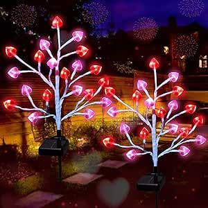 Upgraded 2 Pack 40LED Solar Valentines Decorations Outdoor Heart Stake Lights, Romantic Red Pink Outdoor Valentines Lights Heart Lights for Valentines Day Mothers Day Wedding Yard Garden Pathway