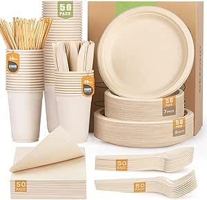 Gezond 400pcs Compostable Paper Plates Set Eco-friendly Heavy-duty Disposable Paper Plates Cutlery Includes Biodegradable Plates, Forks, Knives, Spoons, Cups and Straws for Wedding Party
