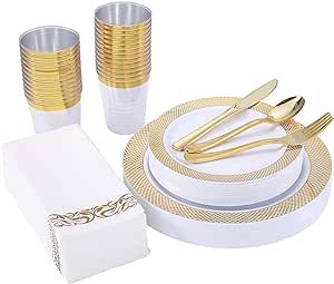 FOCUSLINE 175 Piece Gold Dinnerware Set for 25 Guest- Gold Grid Plastic Plates, Gold Plastic Silverware, Gold Plastic Cups and Napkins, Fancy Plastic Plates Disposable Set for Party Weddings Birthday