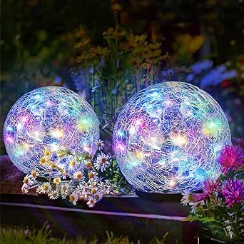 Garden Solar Ball Lights Outdoor Waterproof, 80 LED Cracked Glass Globe Solar Power Ground Lights for Path Yard Patio Lawn, Outdoor Decoration Landscape Colorful(2 Pack 5.9'')