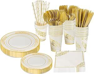 Cyxnslh 240 PCS Gold Disposable Dinnerware Set for 30 Guests Wedding Birthday Party, 60 Disposable Paper Plates - 30 Cups - 30 Napkins - 30 Straws and Plastic 30 Spoons - 30 Forks - 30 Knives