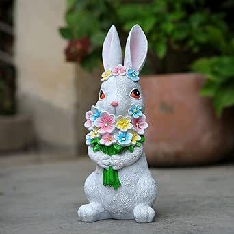 REYISO Garden Statues Outdoor Rabbit Decor- Easter Decorations Bunny with Holding Flowers and 8 LED Lights,Patio Decor for Porch, Balcony,Yard, Lawn,Rabbit Statue Ideal Gardening Gifts for Mom Grandma