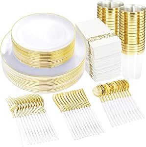Supernal 350pcs Gold Plastic Dinnerware Set,Gold Plastic Silverware with White Handle,Disposable White Plastic Plates for Party or Wedding,Clear Cups,Gold Rim Napkins