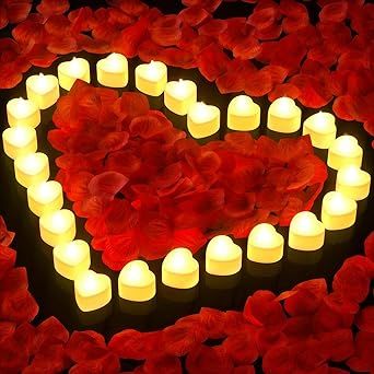 Rose Petals with 24 Pcs Flameless LED Candles, 1000 Pcs Artificial Rose Petals for Romantic Night, Tea Candles Battery Operated Flickering for Valentine’s Day, Anniversary, Proposal, Wedding Decor