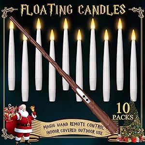 Floating Candles with Wand 10PCs - Valentines Day Decor Gifts Magic Hanging Candles, Flickering Warm Light Flameless Candles with Remote Candles for Birthday Wedding Kids Classroom Decorations