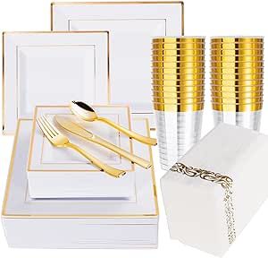 N9R 50 Guest Gold Dinnerware Set-100 White Square Plastic Plates with Gold Rim, 50 Gold Plastic forks, 50 Spoons, 50 Knives, 50 Cups, 50 Napkins-Disposable Dinnerware Set for Wedding