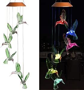 LED Solar Hummingbird Wind Chimes Outdoor - Waterproof Mobile Changing Light Color Wind Chime, Six Hummingbirds LED Wind Chimes for Home, Xmas Mom Gifts, Party, Festival Decor, Night Garden Decoration