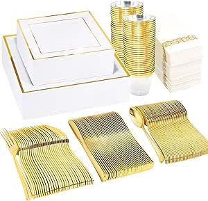 WDF 50 Guest Gold Plastic Plates with Disposable Cutlery& Gold Plastic Cups-Square Plastic Plates-Gold Plastic Utensils Set and Napkins for Wedding& Parties