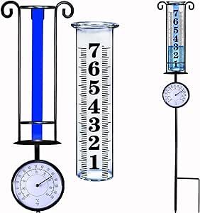 JMBay Rain Gauge Outdoor with Thermometer, Rain Gauges Outdoors Best Rated, Large Font Rain Measure Gauge for Yard, Rain Water Meter with Thickened Plastic Tube and Duralbe Metal Stake for Patio,Lawn