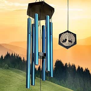 Goollyrusim Memorial Wind Chimes, Sympathy Wind Chimes for Loss of Loved One/Pet, Wind Chime for Outside Engraved Tree of Life, Ideas Hanging Decor for Garden Patio Porch Outdoor Clearance 33" Blue