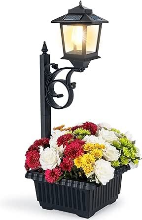 2 in 1 Outdoor Solar Lamp Post Light with Planter, Outdoor Planter for Patio, Wall Mount or Freestanding Waterproof Solar Pathway Decorative Lamp for Lawn Patio Front/Back Door（Flowers not Included）