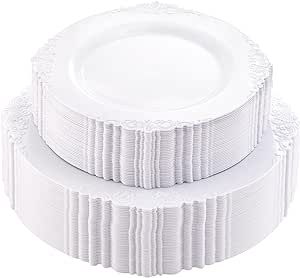 Morejoy 100PCS White Plastic Plates，White Disposable Plates，Include 50 Pieces 10.25 Inch Dinner Plates & 50Pieces 7.5 Inch Dessert Plates，Perfect for Weddings & Thanksgiving & Christmas