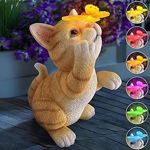 Sinhra Solar Garden Statue Cat Figurine,Resin Cat Statue Playing Butterfly,Outdoor Decoration for Patio,Balcony,Yard, Lawn-Unique Housewarming Gift for Garden Mom Grandma