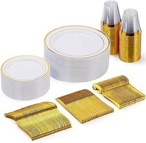 Goodluck 150 Pieces Gold Disposable Plates for 25 Guests, Plastic Party, Wedding, Dinnerware Set of Dinner Plates, Salad Spoons, Forks, Knives, Cups