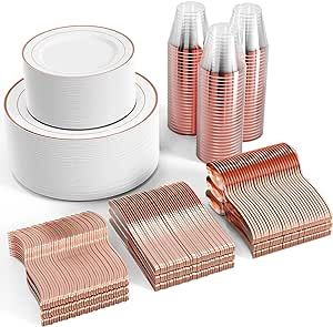 FOCUSLINE 600pcs Rose Gold Dinnerware Set for 100 Guests, Rose Gold Rimmed Plastic Plates Disposable, 100 Dinner Plates, 100 Dessert Plates,100 Cups,100 Silverware Set for Wedding Birthday Parties
