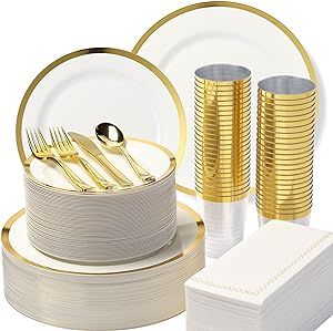 BY MADEE 400 Pcs Gold Plastic Plates Disposable Dinnerware Set for 50 Guests | 50 Dinner Plates 50 Dessert Plates 100 Forks 50 Knives 50 Spoons 50 cups and 50 Napkins (Heavyweight)