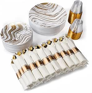 MONEST 350Pcs Gold Plastic Silverware Set for 50 Guests, Disposable Dinnerware Set includes: 50 Pre Rolled Napkins with Utensils, 50 Dinner Plates, 50 Dessert Plates, 50 Cups (Gold Wave)