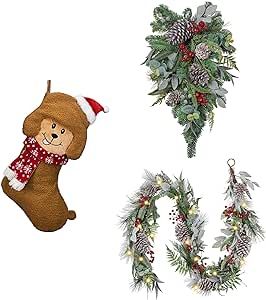 Valery Madelyn Christmas Decoration Bundle （3 Items） |6 feet Christmas Garland, 21inch Christmas Stocking and 24 Inch Christmas Teardrop for Christmas Holiday Party Decoration