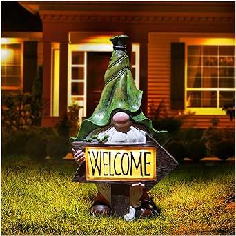 GDSRHDADH Garden Gnomes Statue with Solar LED Lights Outdoor Decor,Funny Gnome with Welcome Sign,Gnome Garden Decor for Outside Yard Lawn Patio Path,Easter Christmas Birthday Housewarming Gift Idea