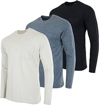 Real Essentials 3 Pack: Men's Cotton Performance Long Sleeve Crew Neck Pocket T-Shirt Athletic Top (Available in Big & Tall)