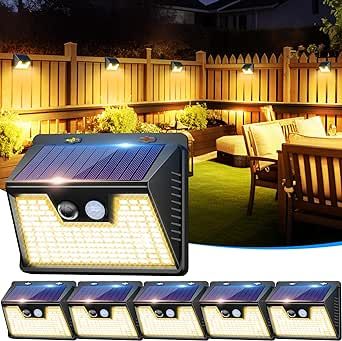 Solar Lights Outdoor 6 Pack, 140LED/3 Modes Motion Sensor Outdoor Lights Solar Powered, Wireless IP65 Waterproof Solar Lights Outside Bright for Deck Steps Fence Patio Front Door Pathway, Warm White