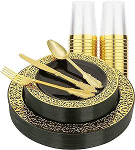 180pcs Black and Gold Plastic Plates with Gold Plastic Silverware, Gold Plastic Dinnerware Set, Black Plastic Plates Service for 30 Guest, Gold Plastic Cups in 10oz, Brittany (black 180pcs)
