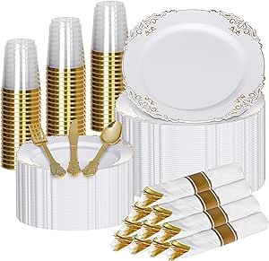 Zulzzy 350 PCS White and Gold Plastic Plates Vintage Design - Includes 50 Dinner Plates, 50 Dessert Plates, 50 Napkins, 50 Cups & Gold Silverware. Ideal for Weddings, Parties & Events.