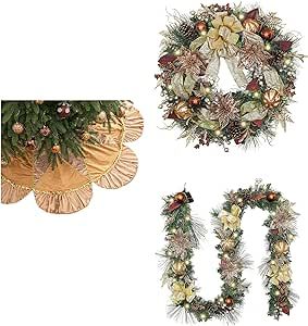 Valery Madelyn Christmas Decoration Bundle （3 Items） | 30 Inch Christmas Wreath,48 inch Christmas Tree Skirt and 9 feet Christmas Garland for Christmas Holiday Party Decoration