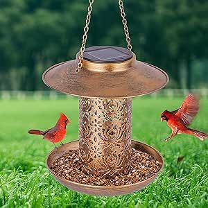 Ottsuls Solar Bird Feeder for Outdoors Hanging, Metal Wild Cardinals Garden Lantern with S Hook, Weatherproof and Water Resistant Birdfeeders as Gift Idea for Bird Lovers (Bronze)